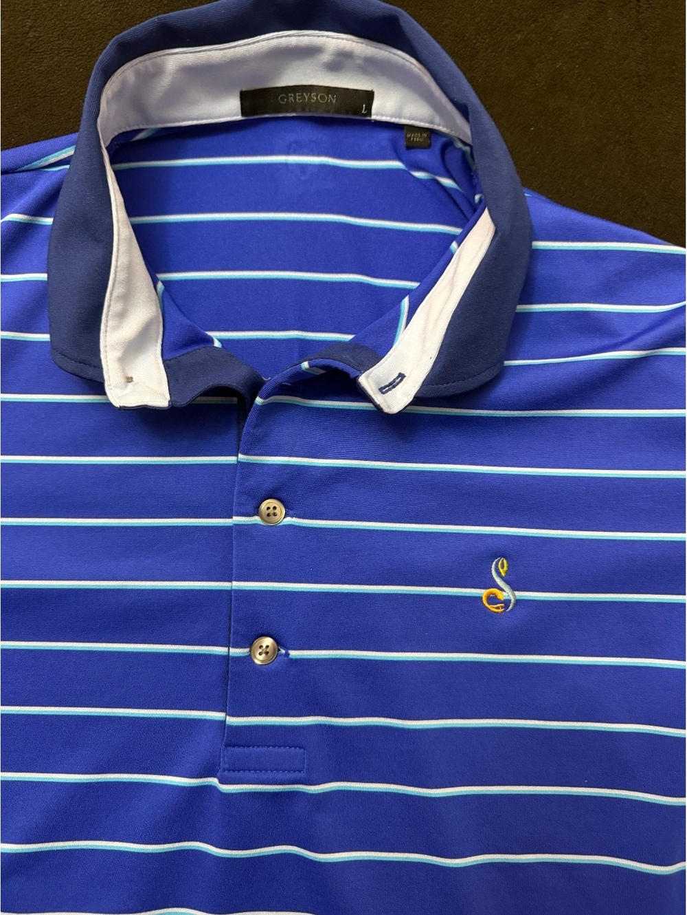 Greyson Men's Large Blue Striped Golf Polo Shirt with Stifel Embroidery
